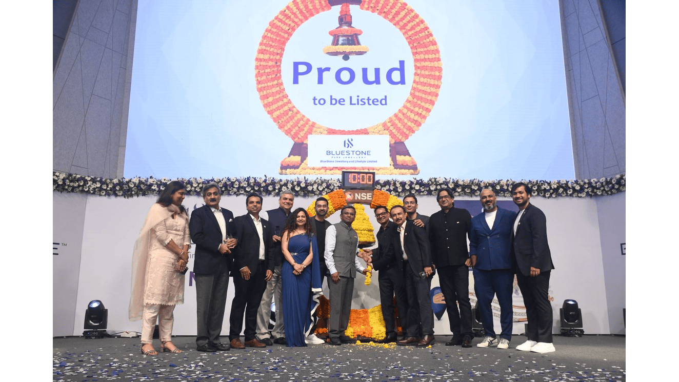 Management of BlueStone Jewellery And Lifestyle Limited with the gong at listing ceremony at NSE