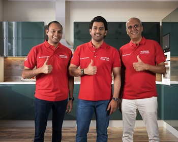 Tanuj Choudhry, Co-founder & COO and Srikanth Iyer, Co-Founder and CEO, of HomeLane with MS Dhoni