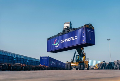 Reach Stacker Carrying DP World Container at Mundra Port