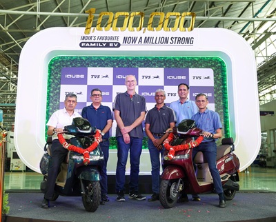K. N. Radhakrishnan, Director & CEO, TVS Motor Company and team at TVS iQube’s 1 millionth roll out celebration
