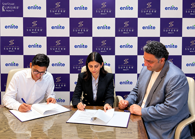 Mr. Shilpin Tater MD, Superb Realty, Ms.Garima Bharadwaj, Co-Founder & CTO, Enlite & Mr. Gaurav Bali, Co-Founder & CEO, Enlite signing the MOU