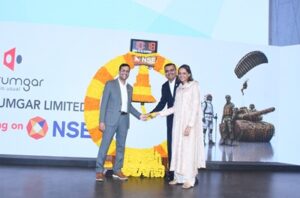 Mr. Ankur Kothari, CEO Mr. Siddharth Kusumgar Ms. Sapna Kusumgar, Joint MD of Kusumgar  Limited at prestigious Listing ceremony at NSE Mumbai.