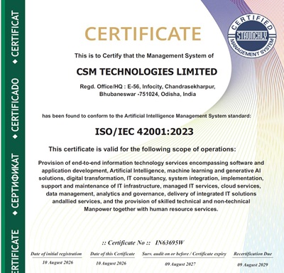 CSM Technologies Achieves ISO/IEC 42001:2023 Certification for Artificial Intelligence Management System 4 Certification