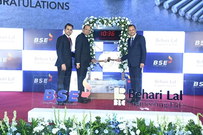 Mr. Lovlish Garg, Whole Time Director Mr. Rajesh Garg, VC and Mr. Dinesh Garg, MD of Behari Lal Engineering Ltd at prestigious Listing ceremony at BSE Mumbai
