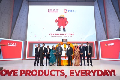 KKR-backed Leap India Limited IPO lists at Rs 166 on the exchange, reaches a high of Rs 166.80 on BSE / NSE 2 Mr. Sonu Mathew, Founder and MD of LEAP India, with his family and the KKR India team at the listing ceremony of LEAP India at the National Stock Exchange (NSE).