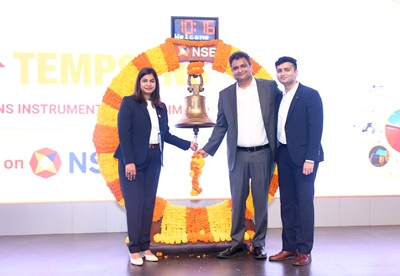 Mrs. Priyanka Menaria, CFO Mr. Vinay Rathi, MD and Mr. Aryan Rathi, Lead, Global Sales of Tempsens Instruments (India) Limited at prestigious Listing ceremony at NSE Mumbai